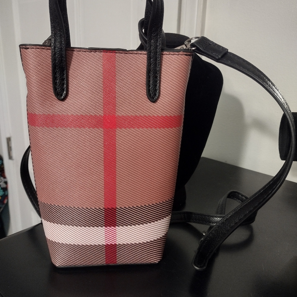Plaid Vertical Crossbody Bag with Black Trim - Pink/Brown - Picture 5 of 8